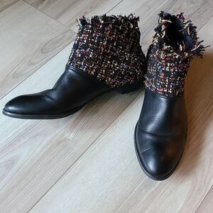 ALL Black Women's Fringe Top Ankle Booties 50/50 2 Fabric Almond Toe sz 39 (8)